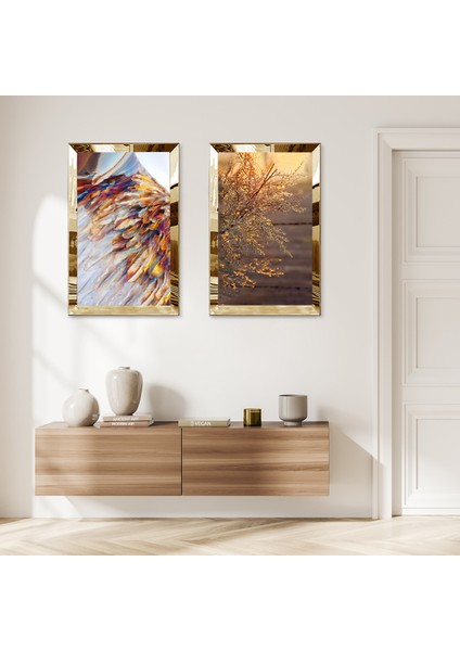 Gold Aynalı Pleksi Çerçeveli Soyut Dekoratif Çiçekler Ikili Mdf Tablo Seti