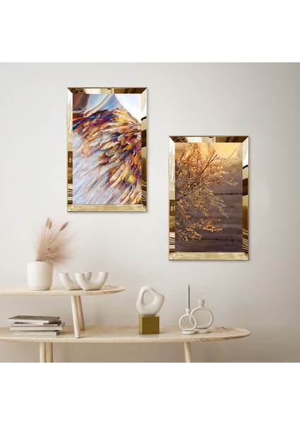 Gold Aynalı Pleksi Çerçeveli Soyut Dekoratif Çiçekler Ikili Mdf Tablo Seti fiyatları