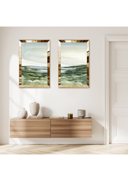 Gold Aynalı Pleksi Çerçeveli Yeşil Modern Deniz Manzaralı Ikili Mdf Tablo Seti