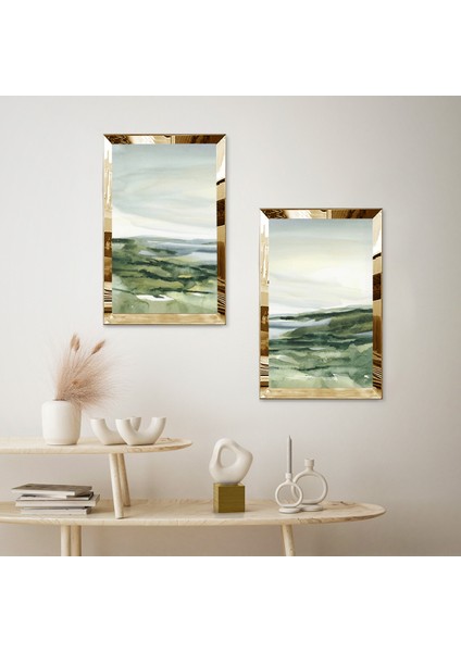Gold Aynalı Pleksi Çerçeveli Yeşil Modern Deniz Manzaralı Ikili Mdf Tablo Seti fiyatları