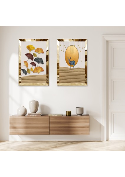 Gold Aynalı Pleksi Çerçeveli Soyut Arka Planlı Dekoratif Geğik Ikili Mdf Tablo Seti