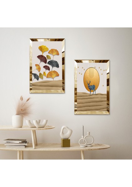 Gold Aynalı Pleksi Çerçeveli Soyut Arka Planlı Dekoratif Geğik Ikili Mdf Tablo Seti fiyatları