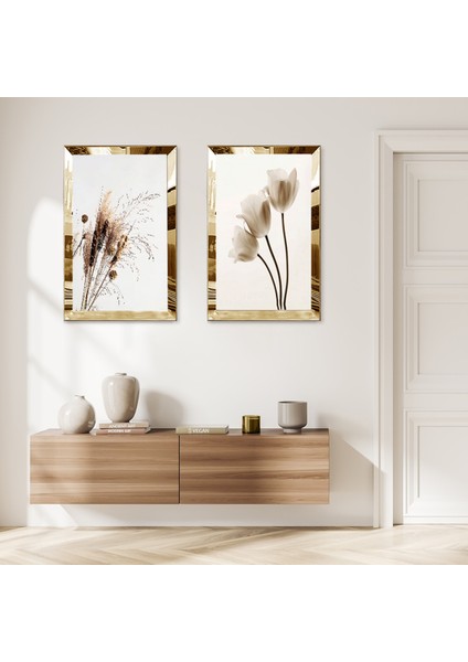 Gold Aynalı Pleksi Çerçeveli Beyaz Arka Planlı Beyaz Güller ve Bitkiler Ikili Mdf Tablo Seti