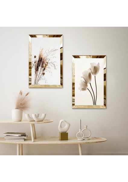 Gold Aynalı Pleksi Çerçeveli Beyaz Arka Planlı Beyaz Güller ve Bitkiler Ikili Mdf Tablo Seti fiyatları
