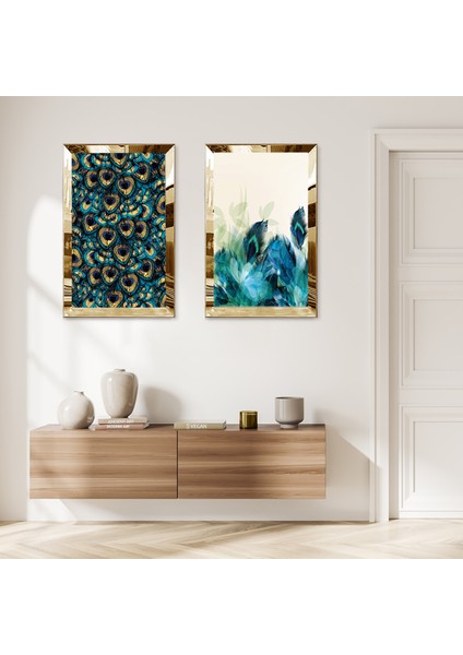 Gold Aynalı Pleksi Çerçeveli Su Yeşili ve Sarı Yapraklar Ikili Mdf Tablo Seti