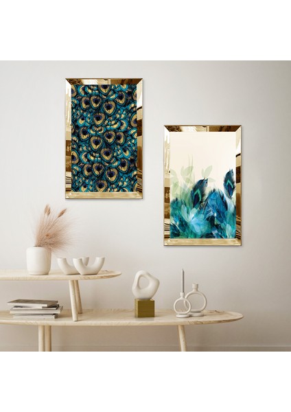 Gold Aynalı Pleksi Çerçeveli Su Yeşili ve Sarı Yapraklar Ikili Mdf Tablo Seti fiyatları