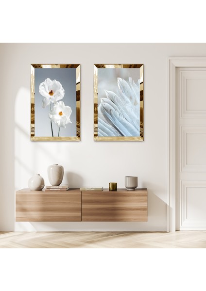 Gold Aynalı Pleksi Çerçeveli Soyut Beyaz Çiçekler Ikili Mdf Tablo Seti