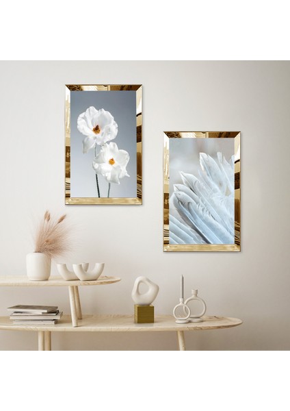 Gold Aynalı Pleksi Çerçeveli Soyut Beyaz Çiçekler Ikili Mdf Tablo Seti fiyatları