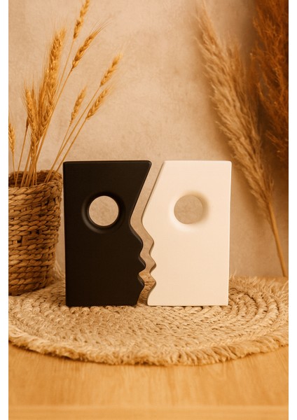 Dekoratif Siyah & Beyaz Minimal Yüz Figürü | Modern Bohem Kitaplık & Tv Ünitesi Aksesuarı (15X9 Cm)