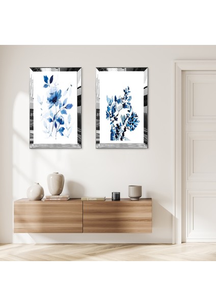 Gümüş Aynalı Pleksi Çerçeveli Mavi Yapraklı Çiçekler ve Bitkiler Ikili Mdf Tablo Seti