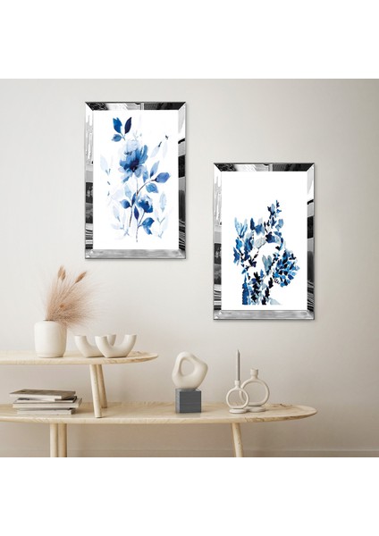 Gümüş Aynalı Pleksi Çerçeveli Mavi Yapraklı Çiçekler ve Bitkiler Ikili Mdf Tablo Seti fiyatları