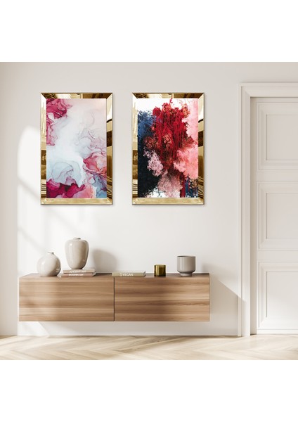 Gold Aynalı Pleksi Çerçeveli Soyut Kırmızı Soyut Desenler Ikili Mdf Tablo Seti