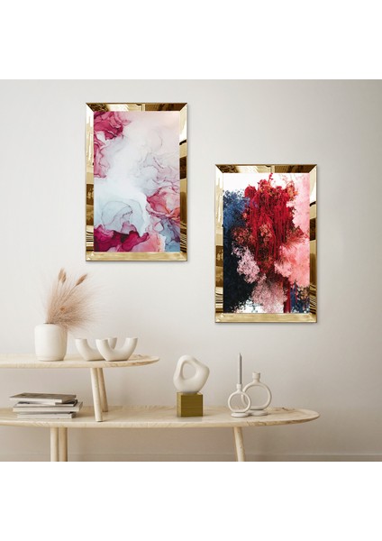 Gold Aynalı Pleksi Çerçeveli Soyut Kırmızı Soyut Desenler Ikili Mdf Tablo Seti fiyatları