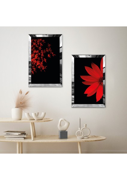 Gümüş Aynalı Pleksi Çerçeveli Siyah Arka Planlı Kırmızı Soyut Çiçekler Ikili Mdf Tablo Seti fiyatları
