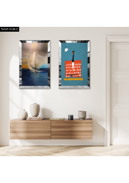 Gümüş Aynalı Pleksi Çerçeveli Denizde Kayık Dekoratif Ikili Mdf Tablo Seti