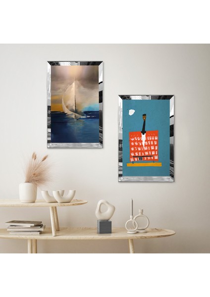 Gümüş Aynalı Pleksi Çerçeveli Denizde Kayık Dekoratif Ikili Mdf Tablo Seti fiyatları