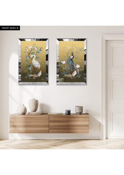 Gümüş Aynalı Pleksi Çerçeveli Leylekler Dekoratif Ikili Mdf Tablo Seti