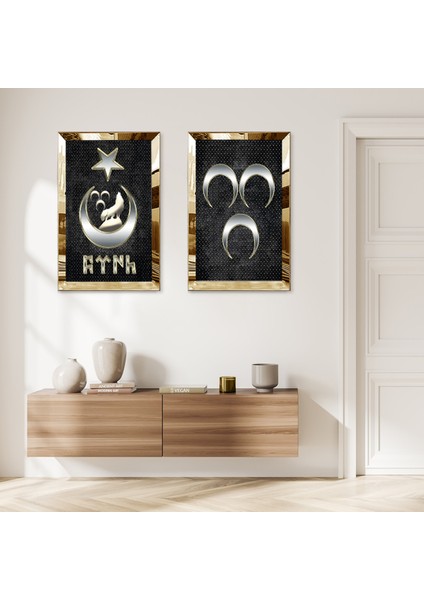 Gold Aynalı Pleksi Çerçeveli Gri Arka Planlı Gümüş 3 Hilal ve Ay Yıldız Bozkurt Ikili Mdf Tablo Seti