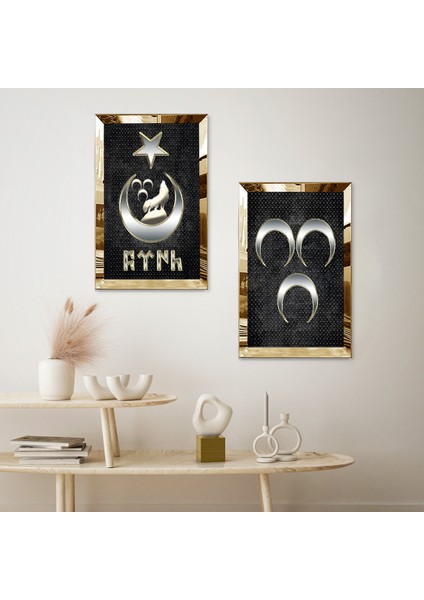 Gold Aynalı Pleksi Çerçeveli Gri Arka Planlı Gümüş 3 Hilal ve Ay Yıldız Bozkurt Ikili Mdf Tablo Seti fiyatları