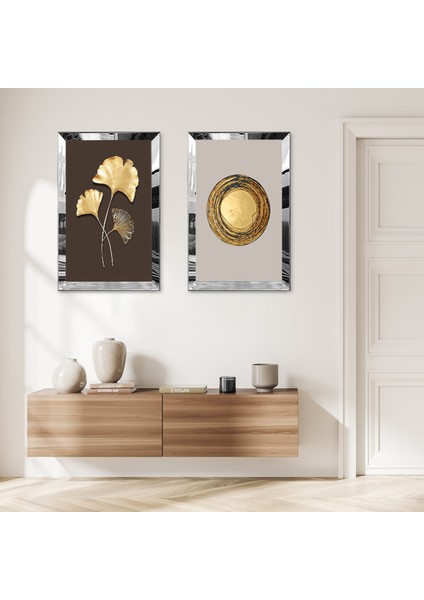 Gümüş Aynalı Pleksi Çerçeveli Kahverengi Gri Arka Planlı Gold Çiçek Ikili Mdf Tablo Seti
