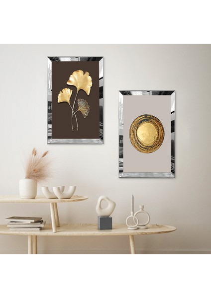 Gümüş Aynalı Pleksi Çerçeveli Kahverengi Gri Arka Planlı Gold Çiçek Ikili Mdf Tablo Seti fiyatları