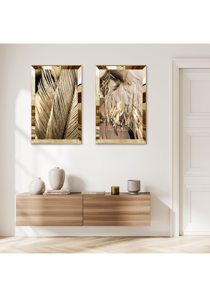 Gold Aynalı Pleksi Çerçeveli Soyut Gold Desenli Dekoratif Ikili Mdf Tablo Seti