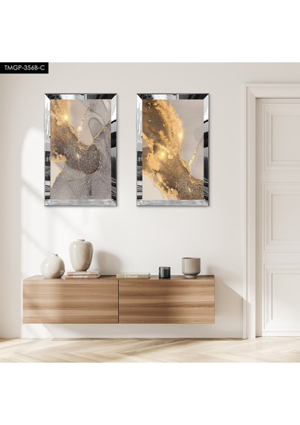 Gümüş Aynalı Pleksi Çerçeveli Gri Arka Planlı Ikili Mdf Tablo Seti