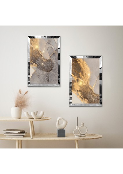 Gümüş Aynalı Pleksi Çerçeveli Gri Arka Planlı Ikili Mdf Tablo Seti fiyatları