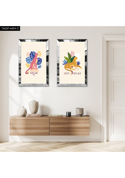 Gümüş Aynalı Pleksi Çerçeveli Beyaz Arka Planlı Hayvanlar Alemi Ikili Mdf Tablo Seti