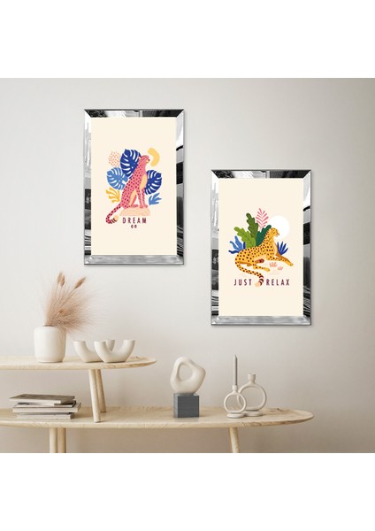 Gümüş Aynalı Pleksi Çerçeveli Beyaz Arka Planlı Hayvanlar Alemi Ikili Mdf Tablo Seti fiyatları