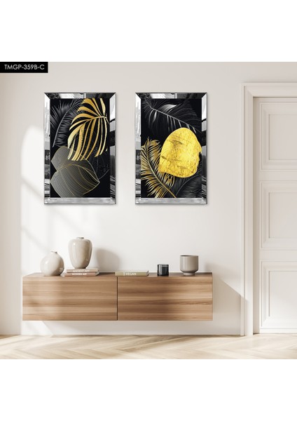 Gümüş Aynalı Pleksi Çerçeveli Siyah Arka Planlı Gold Çiçek Ikili Modern Mdf Tablo Seti