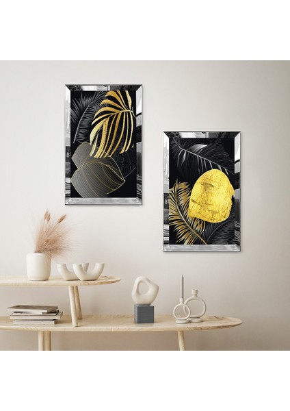 Gümüş Aynalı Pleksi Çerçeveli Siyah Arka Planlı Gold Çiçek Ikili Modern Mdf Tablo Seti fiyatları