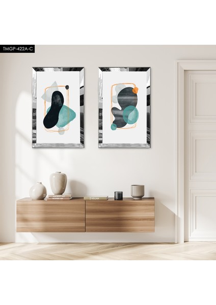 Gümüş Aynalı Pleksi Çerçeveli Beyaz Arka Planlı Soyut Renkli Modern Şekiller Ikili Mdf Tablo Seti