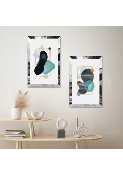 Gümüş Aynalı Pleksi Çerçeveli Beyaz Arka Planlı Soyut Renkli Modern Şekiller Ikili Mdf Tablo Seti fiyatları