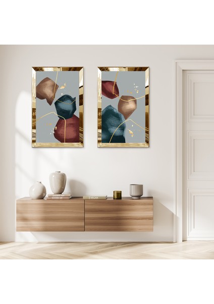 Gold Aynalı Pleksi Çerçeveli Kapalı Renkli Arka Planlı Soyut Şekiller Ikili Mdf Tablo Seti