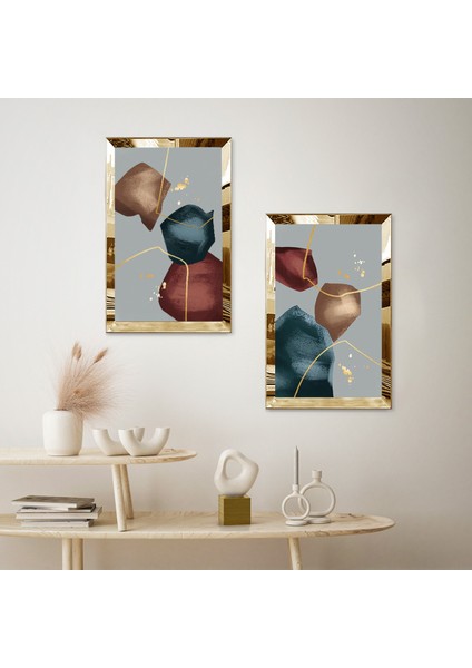 Gold Aynalı Pleksi Çerçeveli Kapalı Renkli Arka Planlı Soyut Şekiller Ikili Mdf Tablo Seti fiyatları