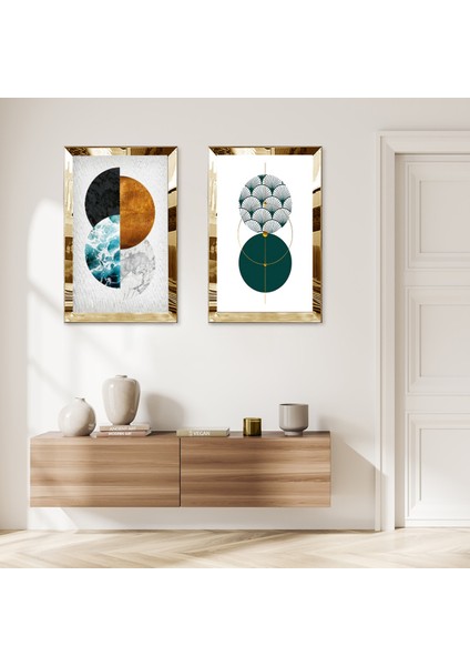 Gold Aynalı Pleksi Çerçeveli Beyaz Arka Planlı Minimalist Yarım Yuvarlaklar Ikili Mdf Tablo Seti