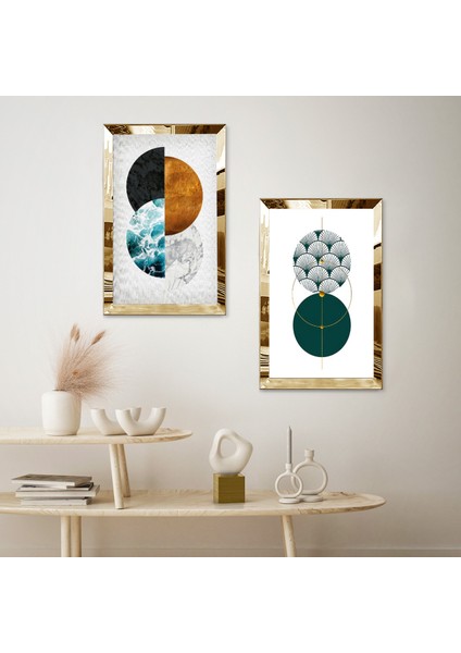 Gold Aynalı Pleksi Çerçeveli Beyaz Arka Planlı Minimalist Yarım Yuvarlaklar Ikili Mdf Tablo Seti fiyatları