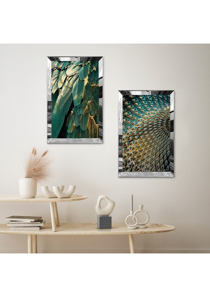 Gümüş Aynalı Pleksi Çerçeveli Yoğun Yeşil Yapraklar Ikili Mdf Tablo Seti fiyatları