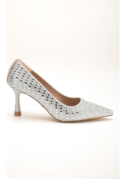 Gümüş Kadın Kadın Abiye Stiletto Topuklu Ayakkabı Taşlı Ince Topuklu modelleri