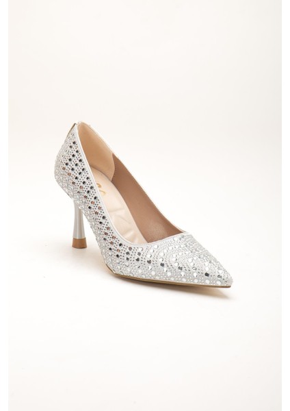 Gümüş Kadın Kadın Abiye Stiletto Topuklu Ayakkabı Taşlı Ince Topuklu fırsatları