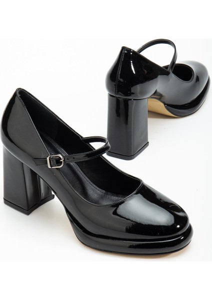 Kadın Kalın Platform Topuklu Ayakkabı Siyah Rugan Baretli
