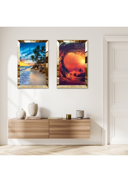 Gold Aynalı Pleksi Çerçeveli Yazın Soyut Deniz Manzaralı Ikili Mdf Tablo Seti