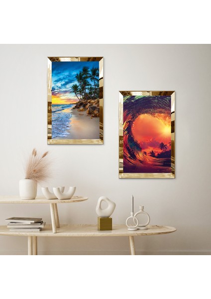 Gold Aynalı Pleksi Çerçeveli Yazın Soyut Deniz Manzaralı Ikili Mdf Tablo Seti fiyatları
