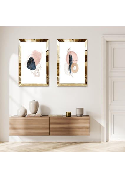 Gold Aynalı Pleksi Çerçeveli Beyaz Arka Planlı Minimalist Soyut Şekiller Ikili Mdf Tablo Seti
