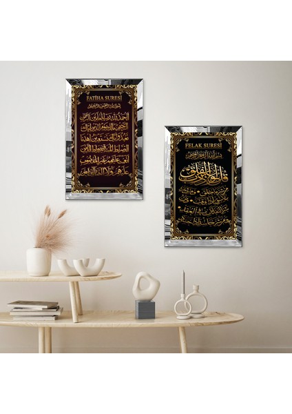 Gümüş Aynalı Pleksi Çerçeveli Fatiha Suresi ve Felak Suresi Dini Ikili Mdf Tablo Seti fiyatları