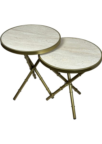 Bambu 2'li Zigon Sehpa Metal Iskelet Traverten Görünümlü Ahşap Tabla