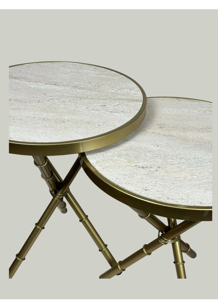 Bambu 2'li Zigon Sehpa Metal Iskelet Traverten Görünümlü Ahşap Tabla fiyatları