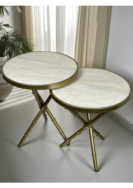 Bambu 2'li Zigon Sehpa Metal Iskelet Traverten Görünümlü Ahşap Tabla modelleri