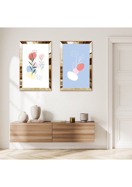 Gold Aynalı Pleksi Çerçeveli Mavi Beyaz Arka Planlı Soyut Bitkiler Dekoratif Ikili Mdf Tablo Seti